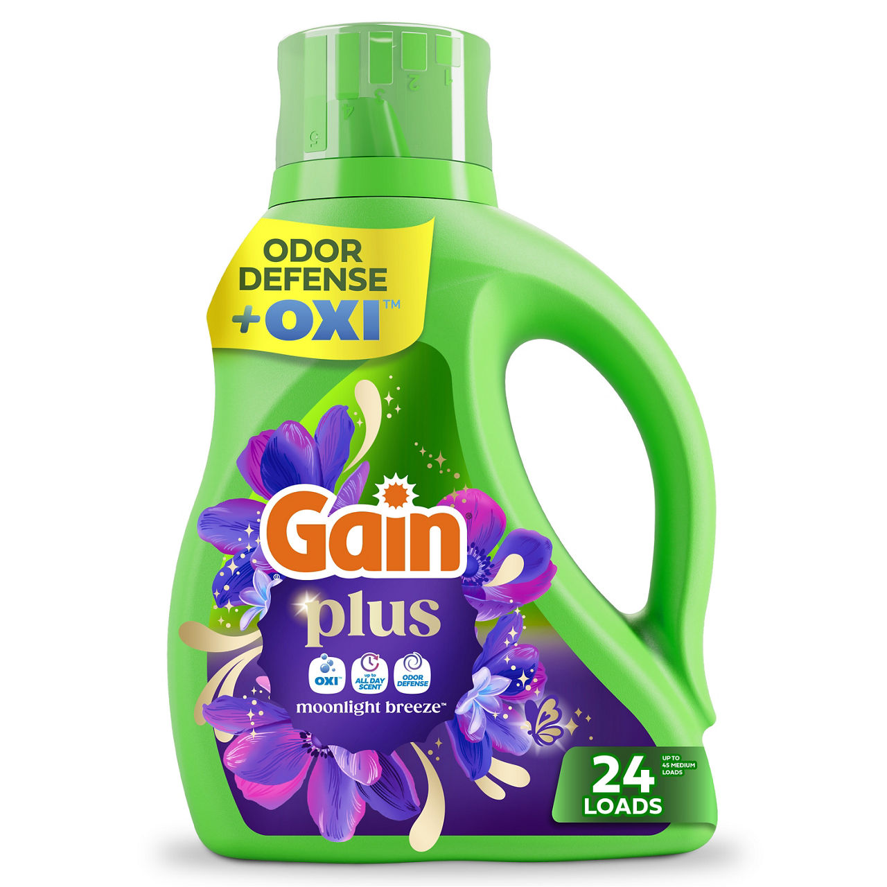 Gain Plus Liquid Laundry Detergent, Cleaner, Fresher, Now with Oxi, Moonlight Breeze Scent, 32 fl oz, 24 Loads