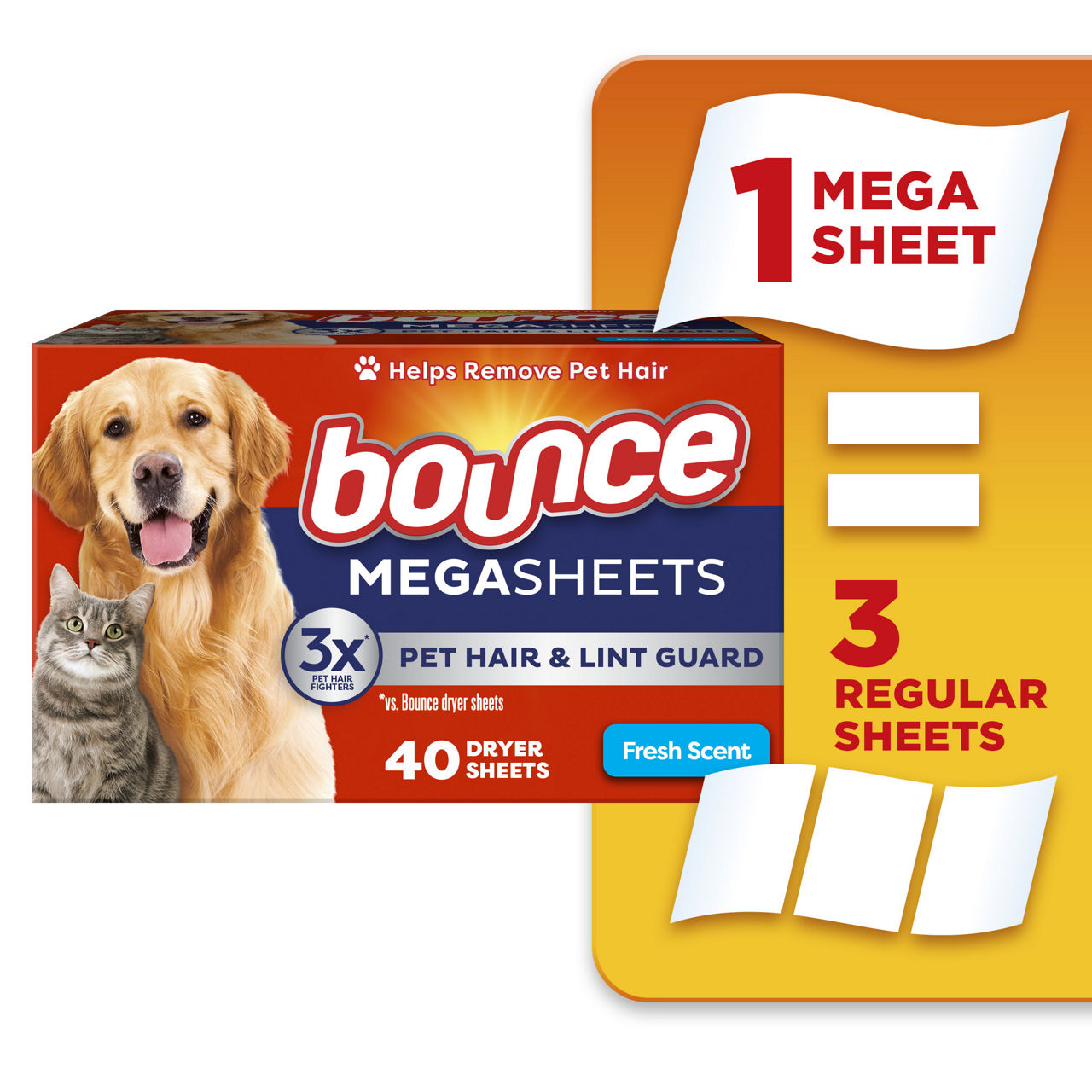 Bounce Pet Hair and Lint Guard Mega Dryer Sheets with 3X Pet Hair Fighters, Fresh Scent, 40 Count
