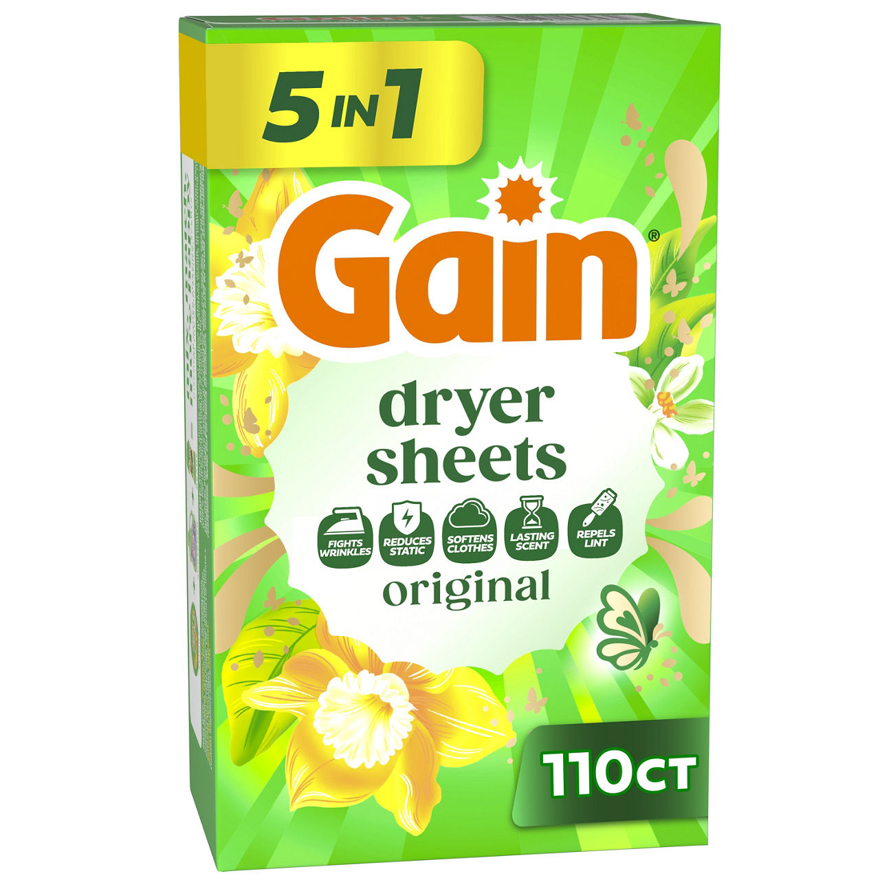 Gain, Laundry Dryer Sheets, Fabric Softener Anti Static Sheets, Original Scent, 110 Count