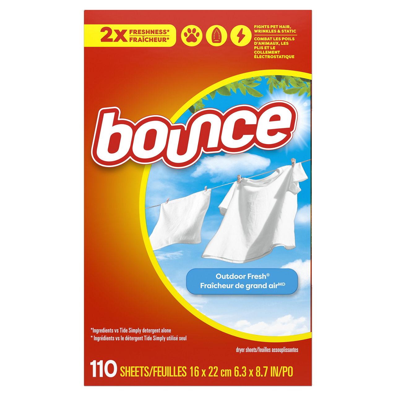 Bounce Dryer Sheets, 110 count, Outdoor Fresh Scent, Reduces static, softens, freshens, and fights wrinkles