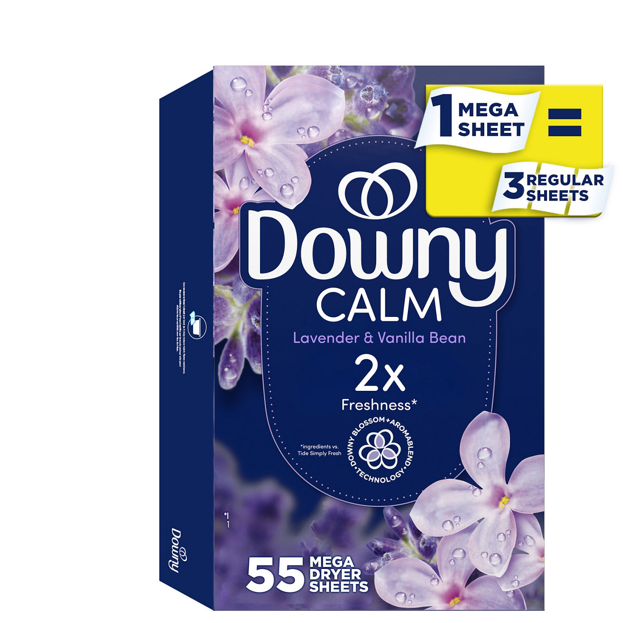 Downy CALM, Mega Dryer Sheets, Laundry Fabric Softener, Lavender and Vanilla Bean, 55 Count