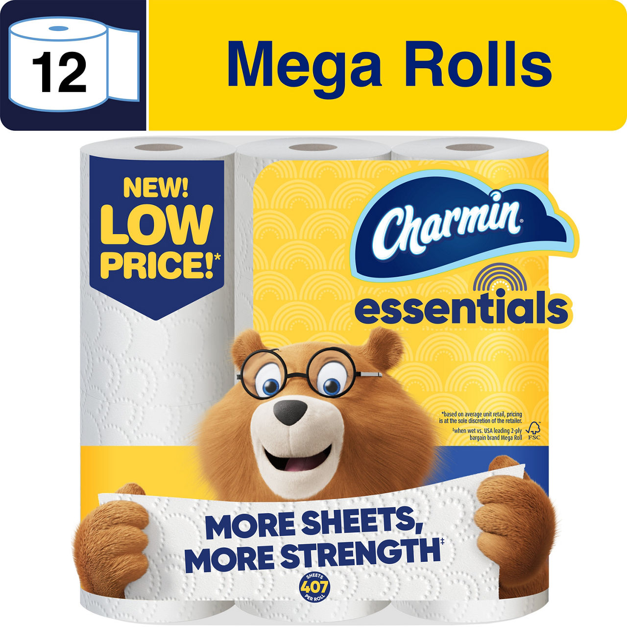 Charmin Essentials Toilet Paper 12 Mega Rolls, 407 sheets per roll