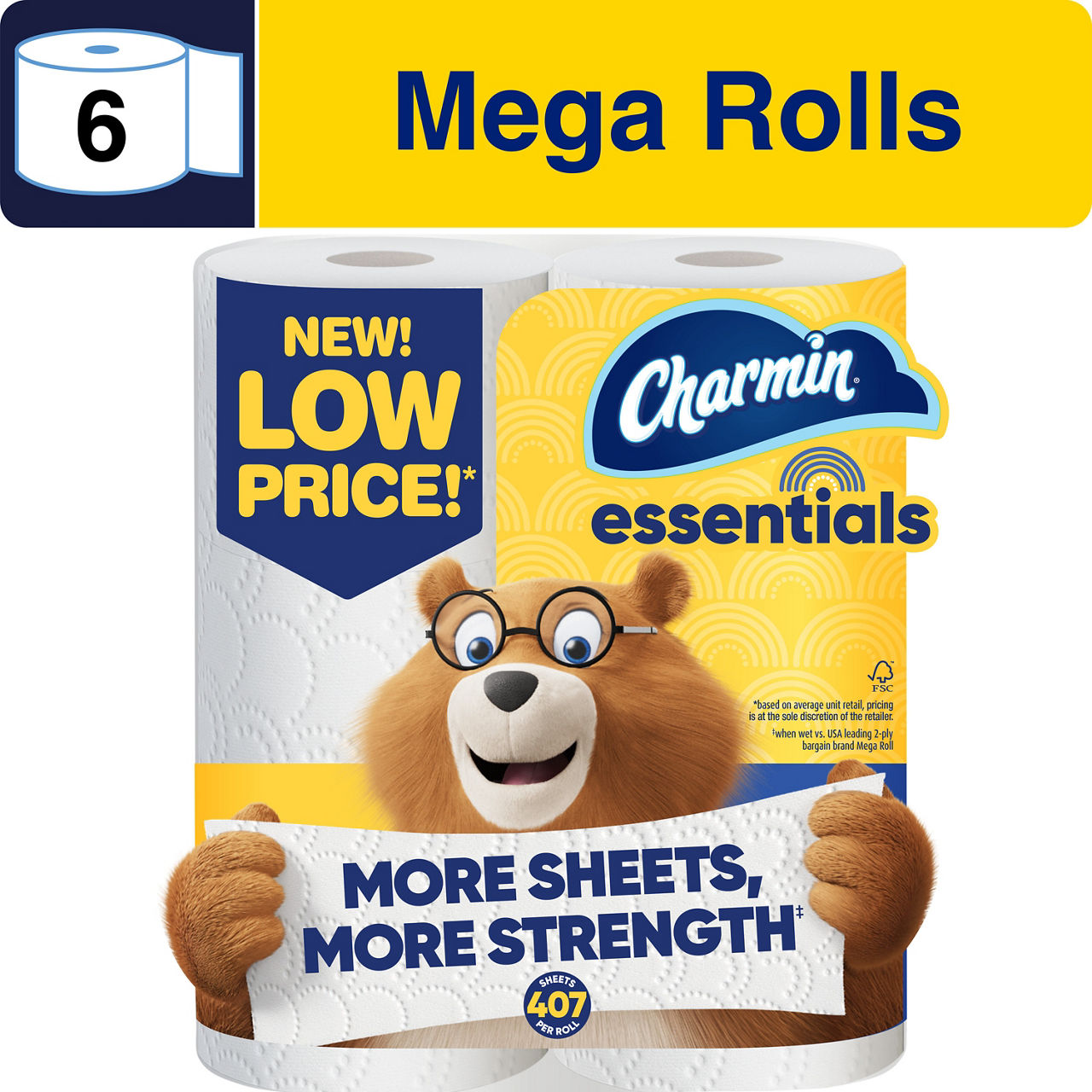Charmin Essentials Toilet Paper 6 Mega Rolls, 407 sheets per roll