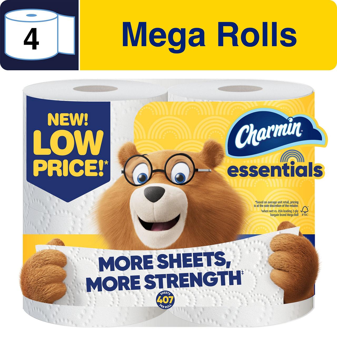 Charmin Essentials Toilet Paper 4 Mega Rolls, 407 sheets per roll