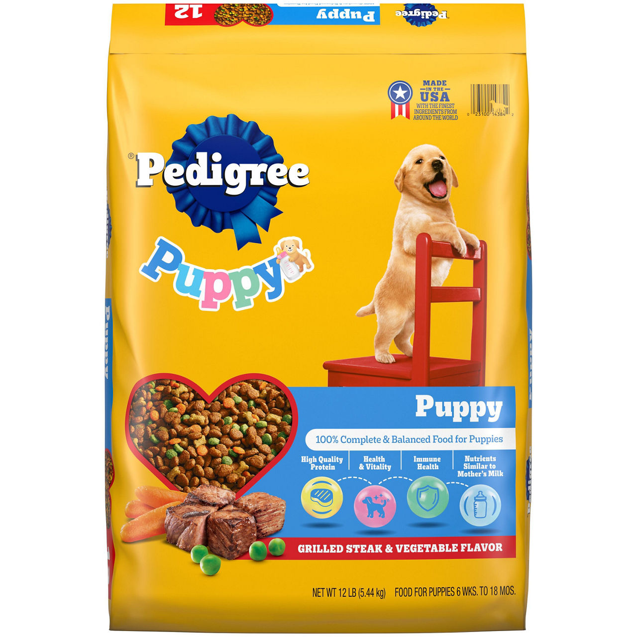 PEDIGREE Puppy Growth & Protection Dry Dog Food Grilled Steak & Vegetable Flavor, 12 lb. Bag