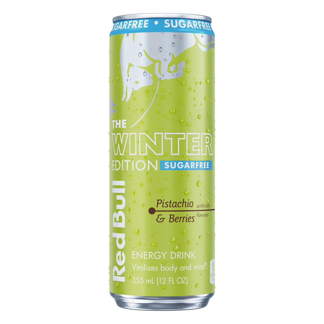 Red Bull Sugarfree Energy Drink Pistachio & Berries Winter Edition contains caffeine, taurine, some B-vitamins, and water, 12 fl oz can
