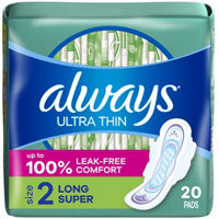 Always Ultra Thin Feminine Pads with Wings for Women, Size 2, Long Super Absorbency, Unscented, 20 Count