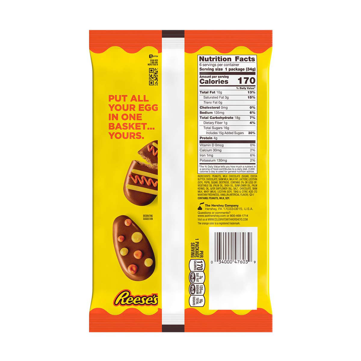 REESE'S Milk Chocolate Peanut Butter, Easter Candy Eggs Packs, 1.2 oz, 6 ct