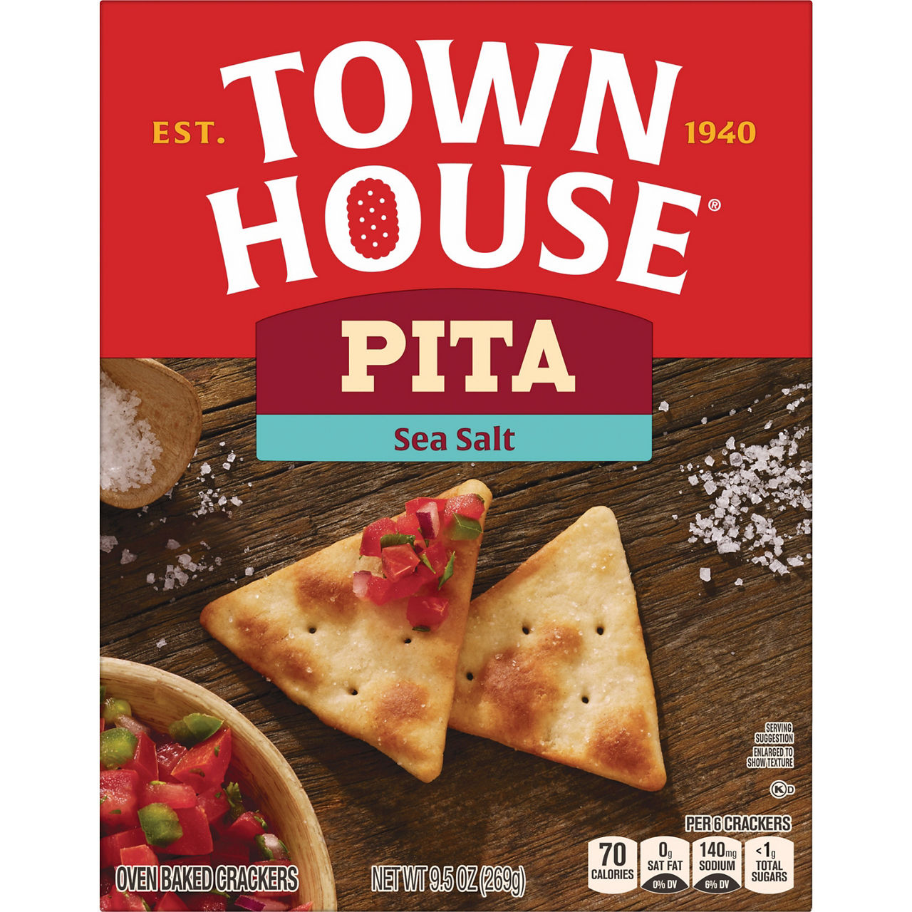 Town House Pita Sea Salt Oven Baked Crackers, Salty Snacks, 9.5 oz