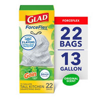 Glad ForceFlex Tall Kitchen Drawstring Trash Bags, 13 Gal, Gain Original with Febreze, 22 Ct