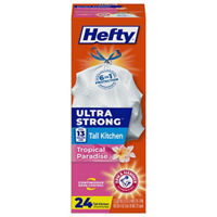 Hefty Ultra Strong 13 Gallon Trash Bags, Tall Kitchen Trash Bags, White, Tropical Paradise Scent, 24 Bags