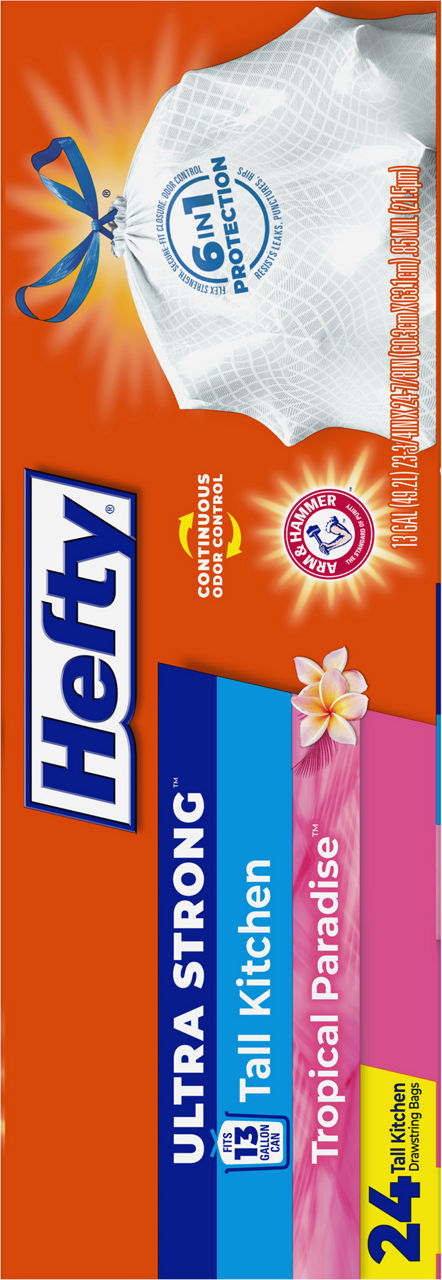 Hefty Ultra Strong 13 Gallon Trash Bags, Tall Kitchen Trash Bags, White, Tropical Paradise Scent, 24 Bags