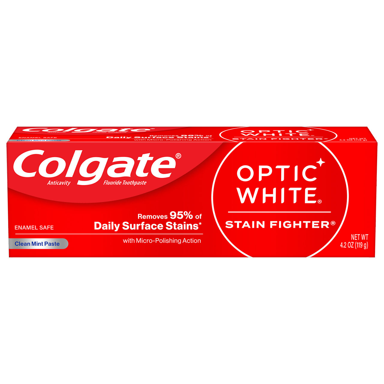 Colgate Optic White Stain Fighter Teeth Whitening Toothpaste, Clean Mint, 4.2 oz Tube