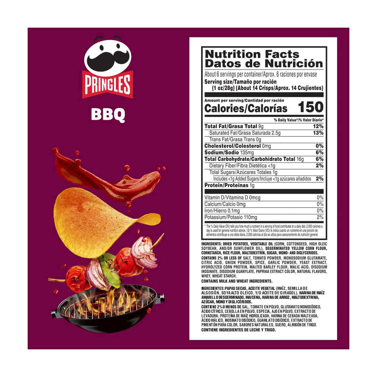 Pringles Potato Crisps Chips, BBQ, 5.5 oz
