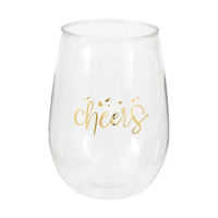 Gold "Cheers" Stemless Plastic Wine Glass, 15oz