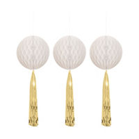 White Honeycomb Balls with Foil Tassel Tails, 3 ct, 8 in