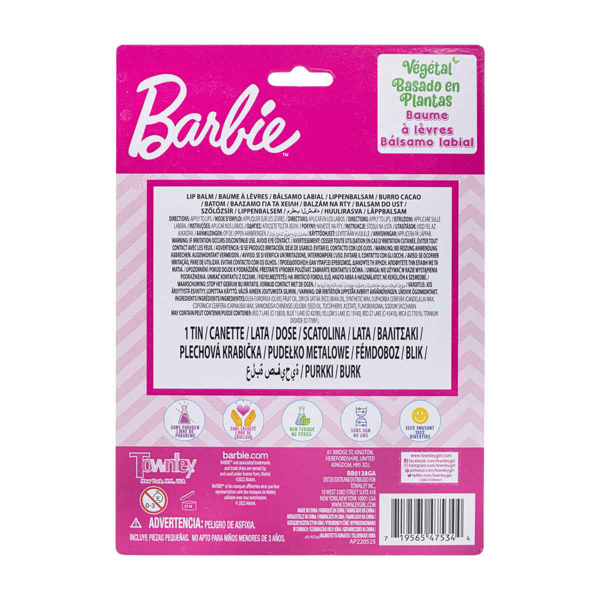 Barbie Princess Plant Based Lip Balm with Tin Case, 4 ct