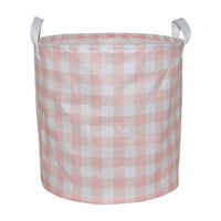 Pink Gingham Printed Round Storage Basket with Handles,