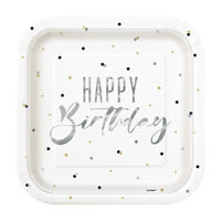 Square Silver 'Happy Birthday' Party Plates, 9 in,