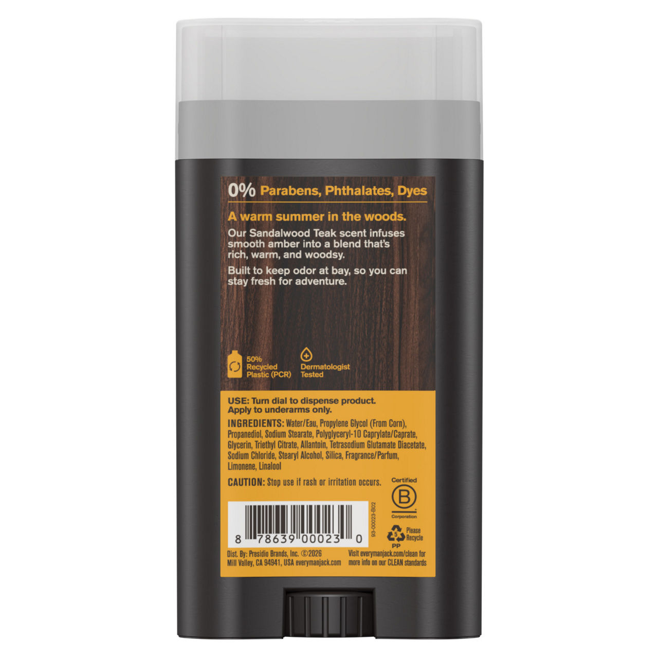Every Man Jack Sandalwood Teak Aluminum-Free Deodorant for Men, Naturally Derived, 3 oz