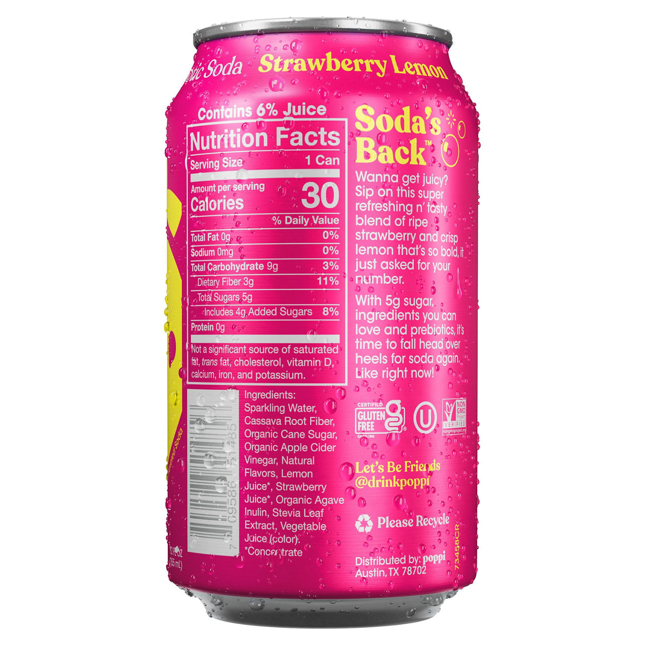 Poppi Prebiotic Soda Strawberry Lemon, 12 Fl Oz
