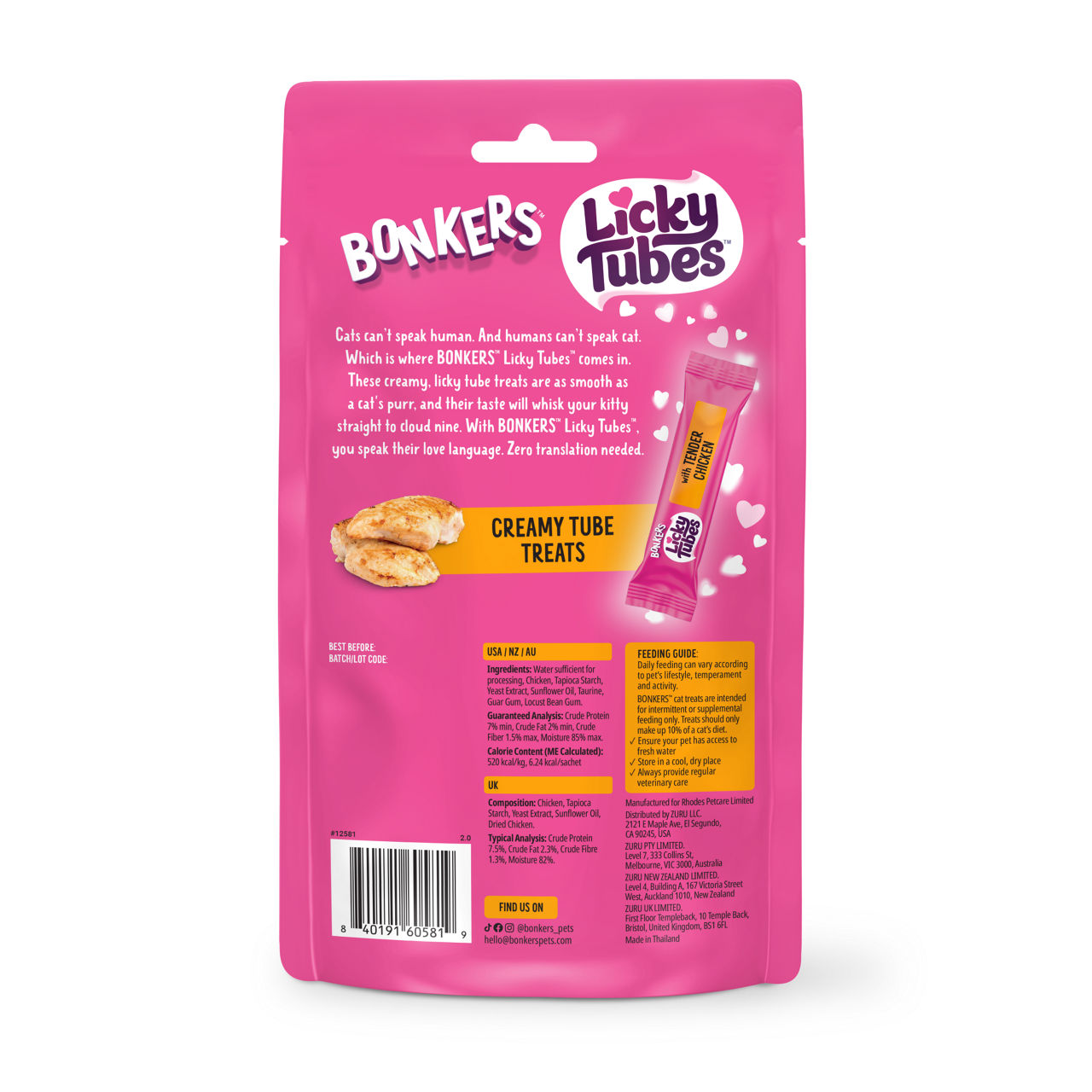 BONKERS Licky Tubes Chicken Flavored Wet Lickable Treats for Cats, 4 Pack
