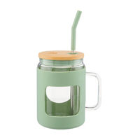 Glass Water Bottle with Handle, Green Silicone Sleeve, Bamboo Lid and Straw, 41 oz.
