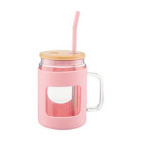 Glass Water Bottle with Handle, Pink Silicone Sleeve, Bamboo Lid and Straw, 41 oz.
