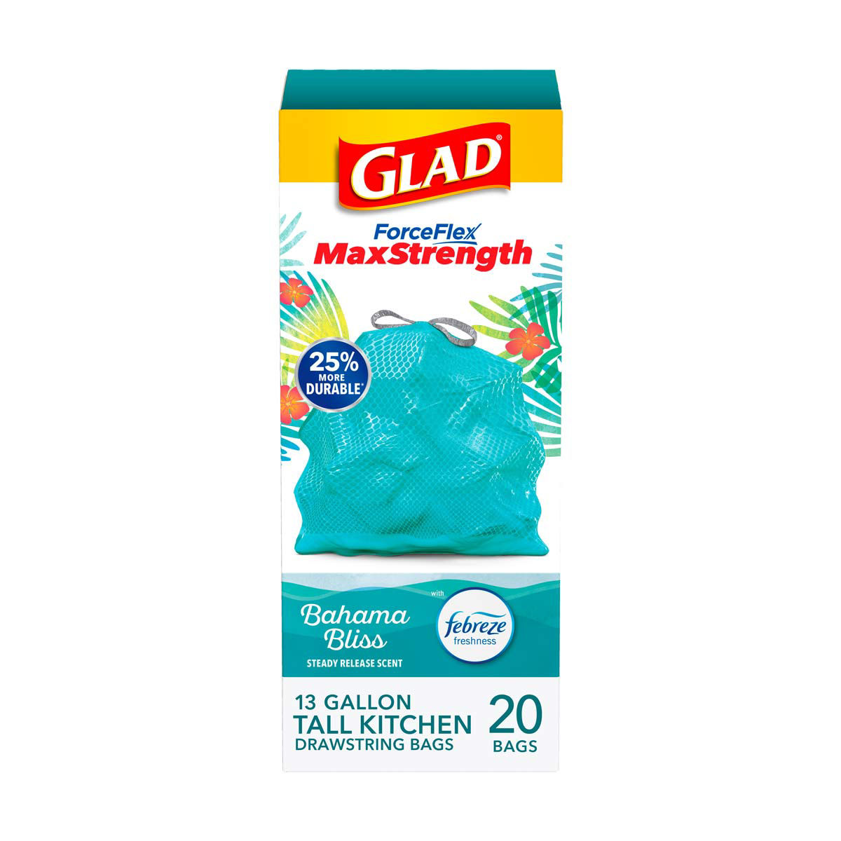 Glad ForceFlex MaxStrength Scented Tall Kitchen Trash Bags, 13 Gallon, 20 Bags