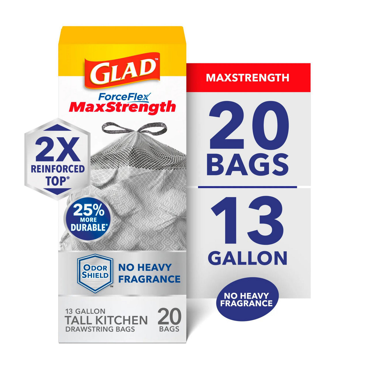 Glad ForceFlex MaxStrength Drawstring Trash Bags, 13 Gallon, Odor Shield, 20 ct
