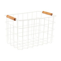 Rectangular Wire Basket with Wooden Handles, White, Small