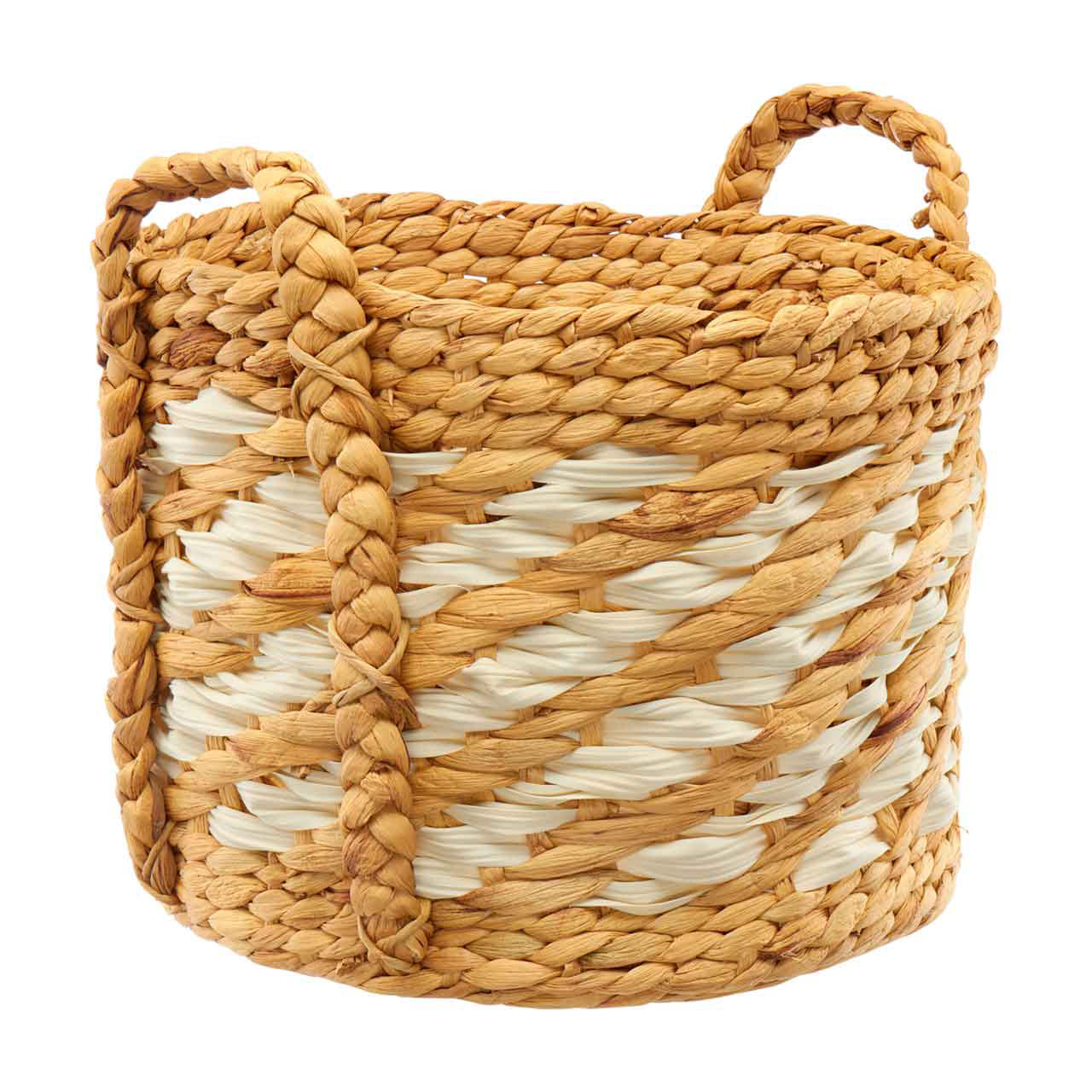 Round Lattice Wrapped Wicker Basket with Handles, White and Tan, Medium