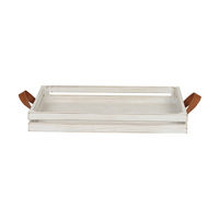 Rustic Wooded Tray with Faux Leather Handles, White, 15 in