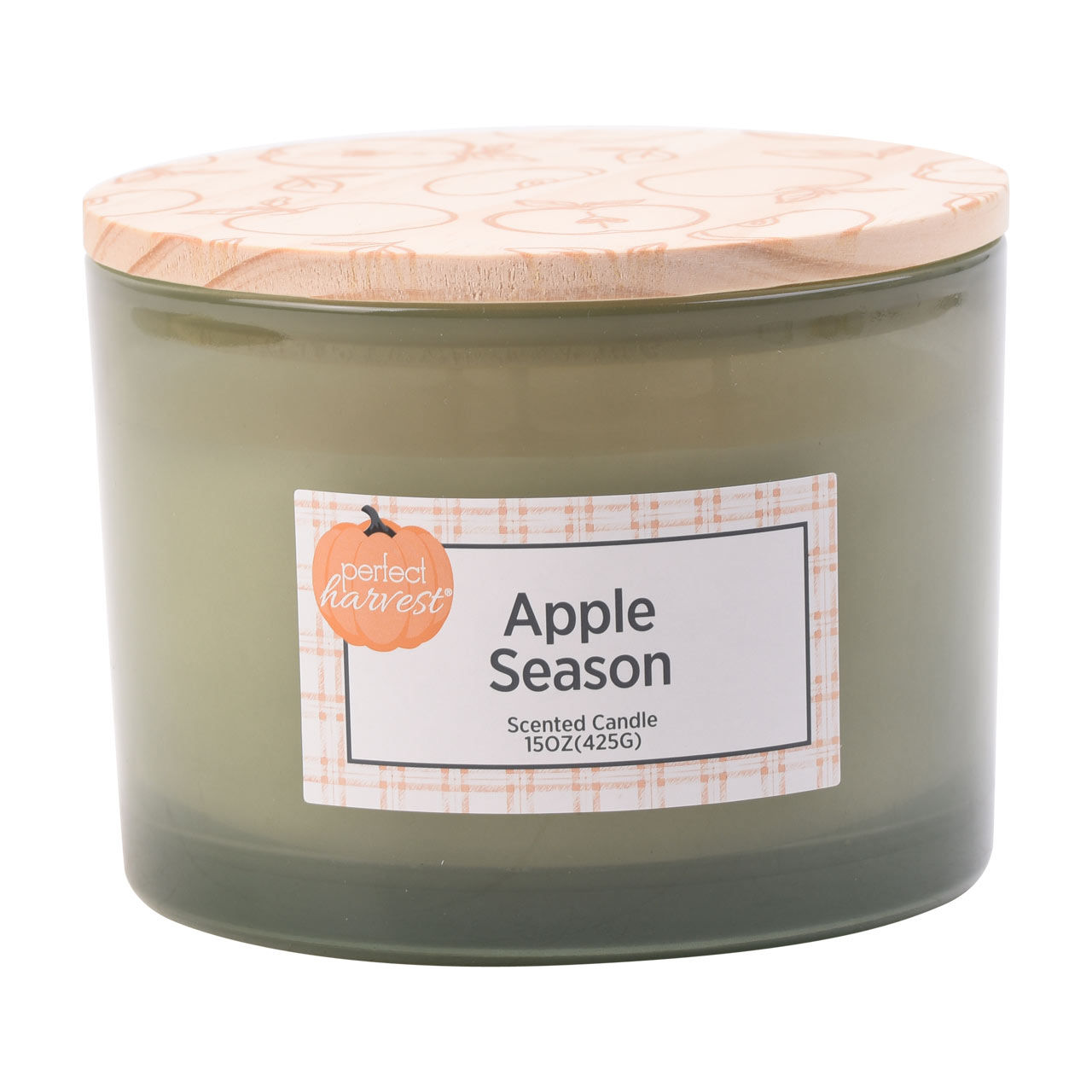 Perfect Harvest Glass Jar Candle with Wooden Lid, Green, Apple Season, 15 oz