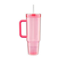 Plastic Double-Wall Travel Cup with Handle, Lid and Straw, Pink, 46 oz