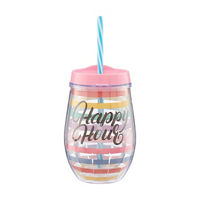 "Happy Hour" Plastic Wall Stemless Wine w/Straw 