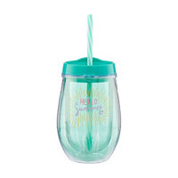 "Hello Summer" Plastic Stemless Wine Cup w/Straw 