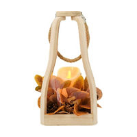 Wooden Lantern with Fall Foliage and LED Candle, 13 in
