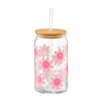 Glass Tumbler with Flowers, 16 oz