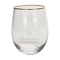 Ribbed Clear Stemless Wine Glass with Gold Rim, 17.3 fl oz