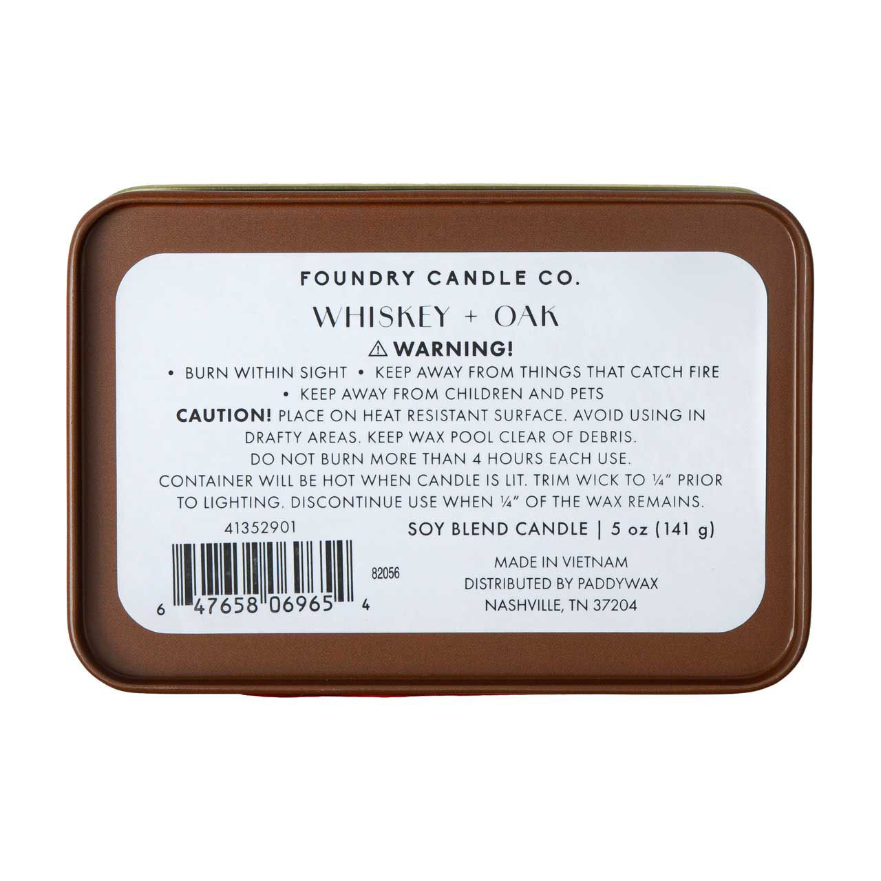 Foundry Candle Co. Printed Tin Soy Blend Candle, 5 oz, Whiskey + Oak