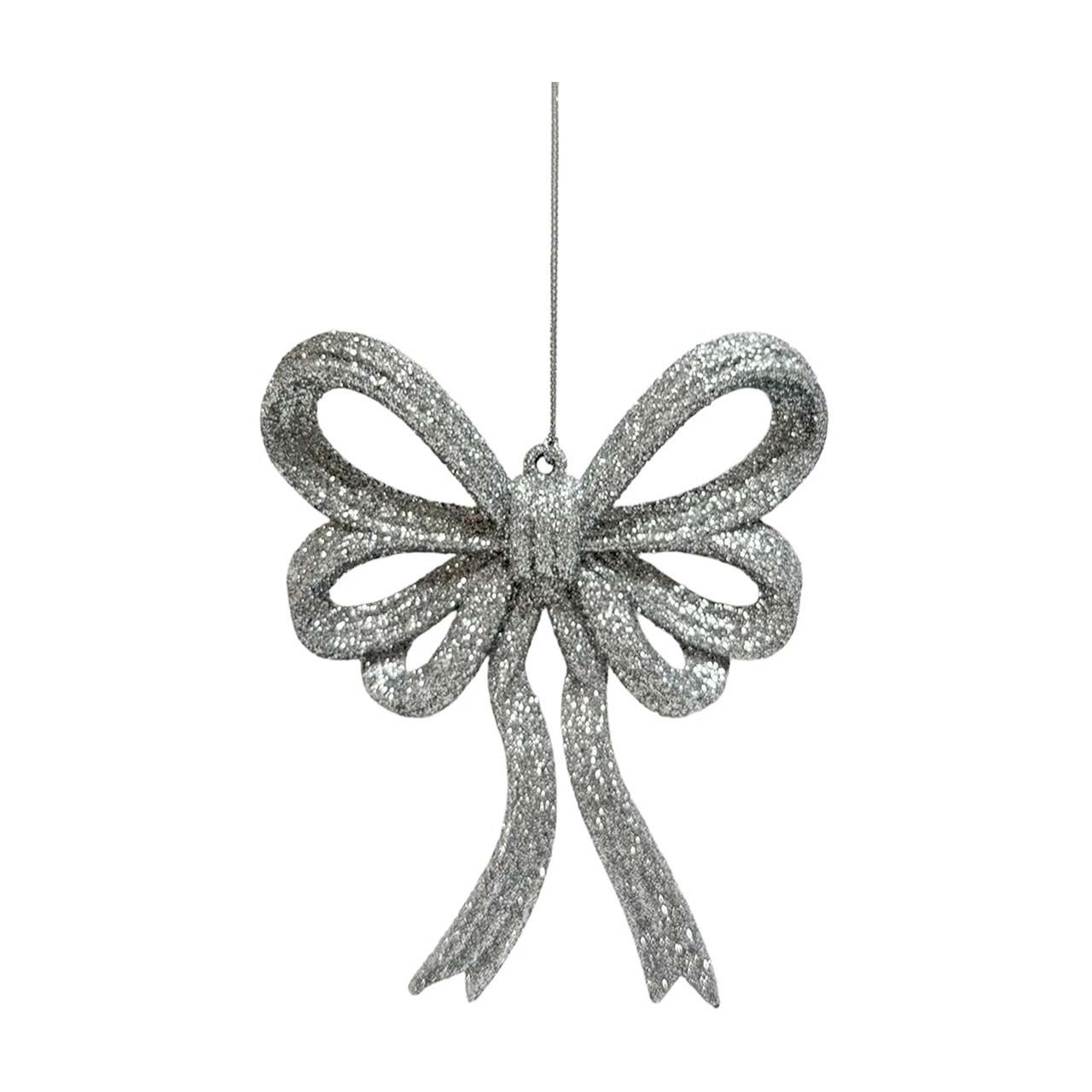 Glitter Bow Ornament, Silver