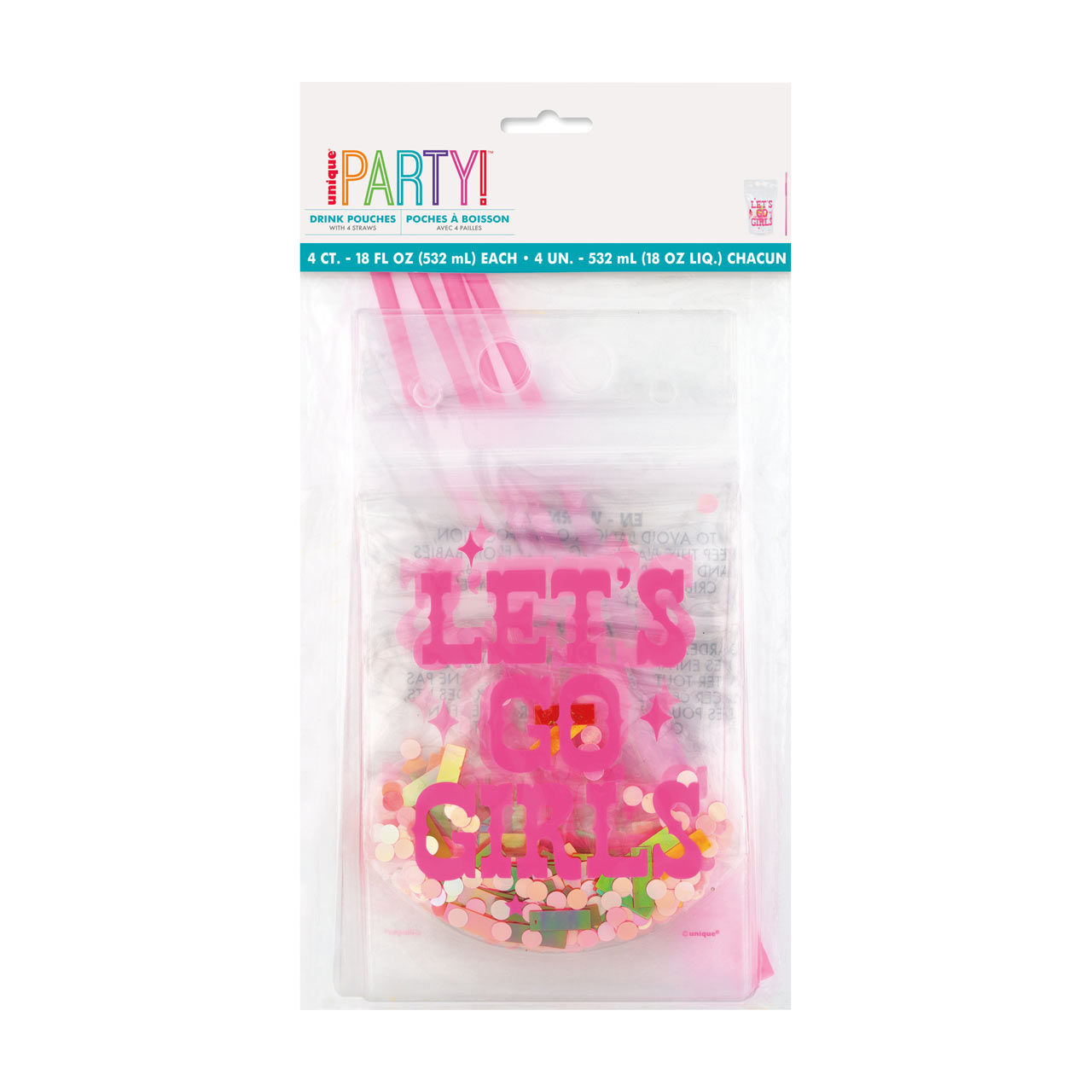 Unique Party "Let's Go Girls" Drink Pouches, 18 fl oz, 4 ct