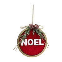 'Noel' Red Velvet and Wood Round Ornament