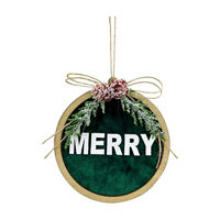 'Merry' Green Velvet and Wood Round Ornament