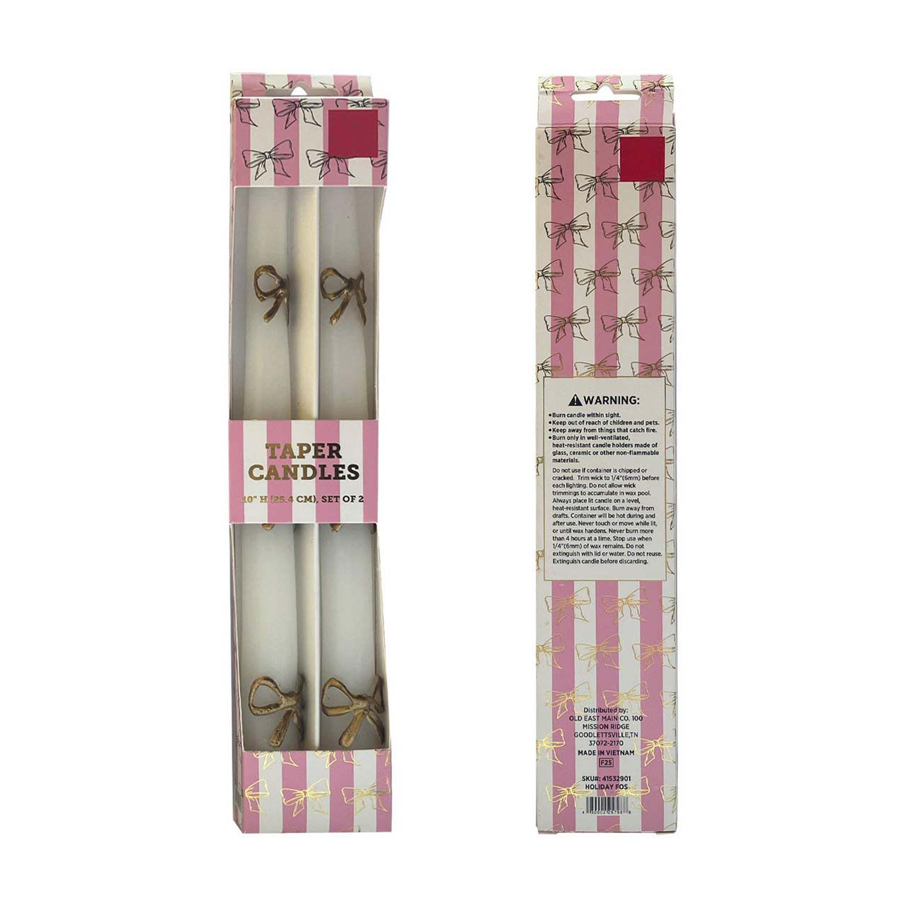 Unscented Taper Candles with Bow Decorations, 10 in, 2 pk