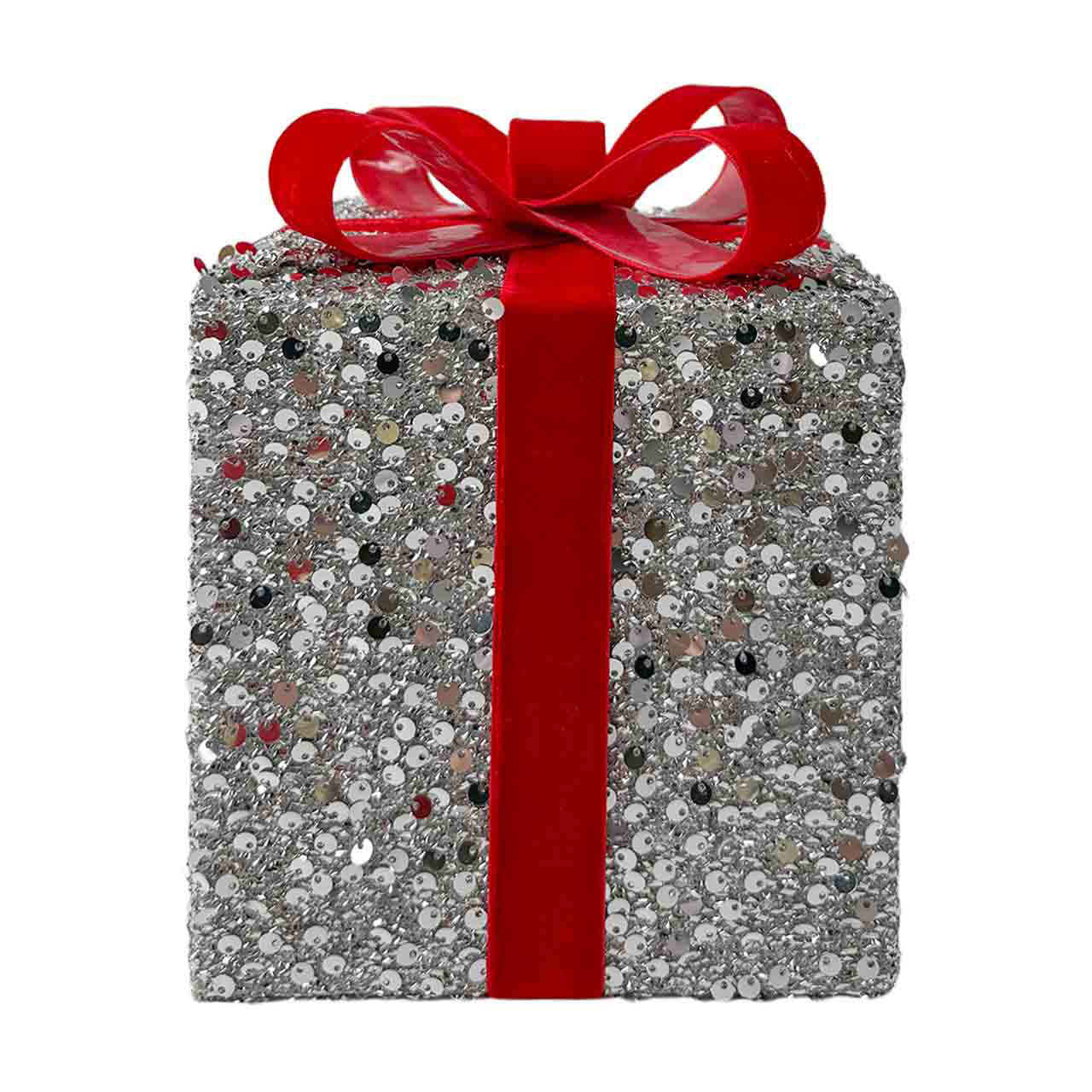 Sequin Gift Box Decor, Silver, 7 in