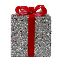 Sequin Gift Box Decor, Silver, 7 in