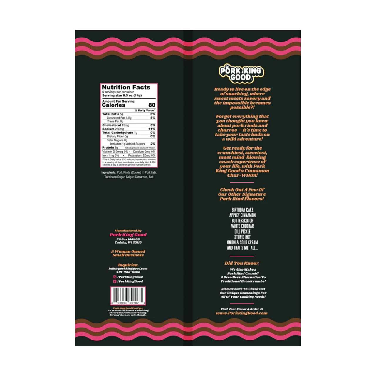 Pork King Good Flavored Pork Rinds, Cinnamon ChurWHOA, 3 oz