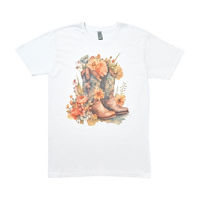 Women's Cowgirl Boots & Flowers Screen-Printed White Tee, Medium